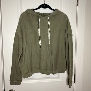 Aerie Womens Olive Green Ribbed Knit Pullover Hoodie Sweatshirt Medium